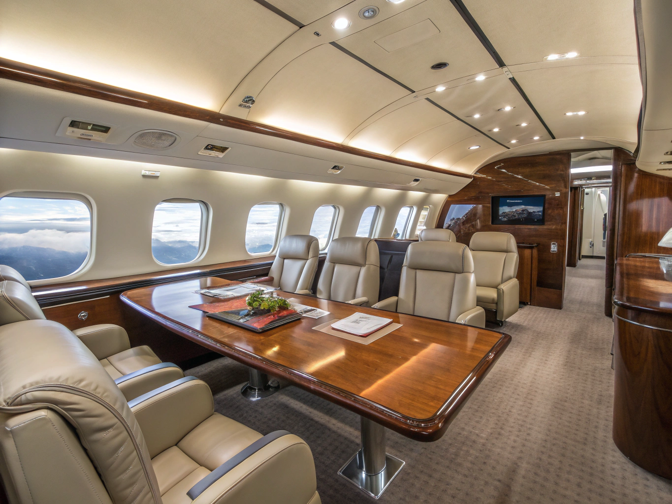 Corporate executive conference table and work suite inside a business jet