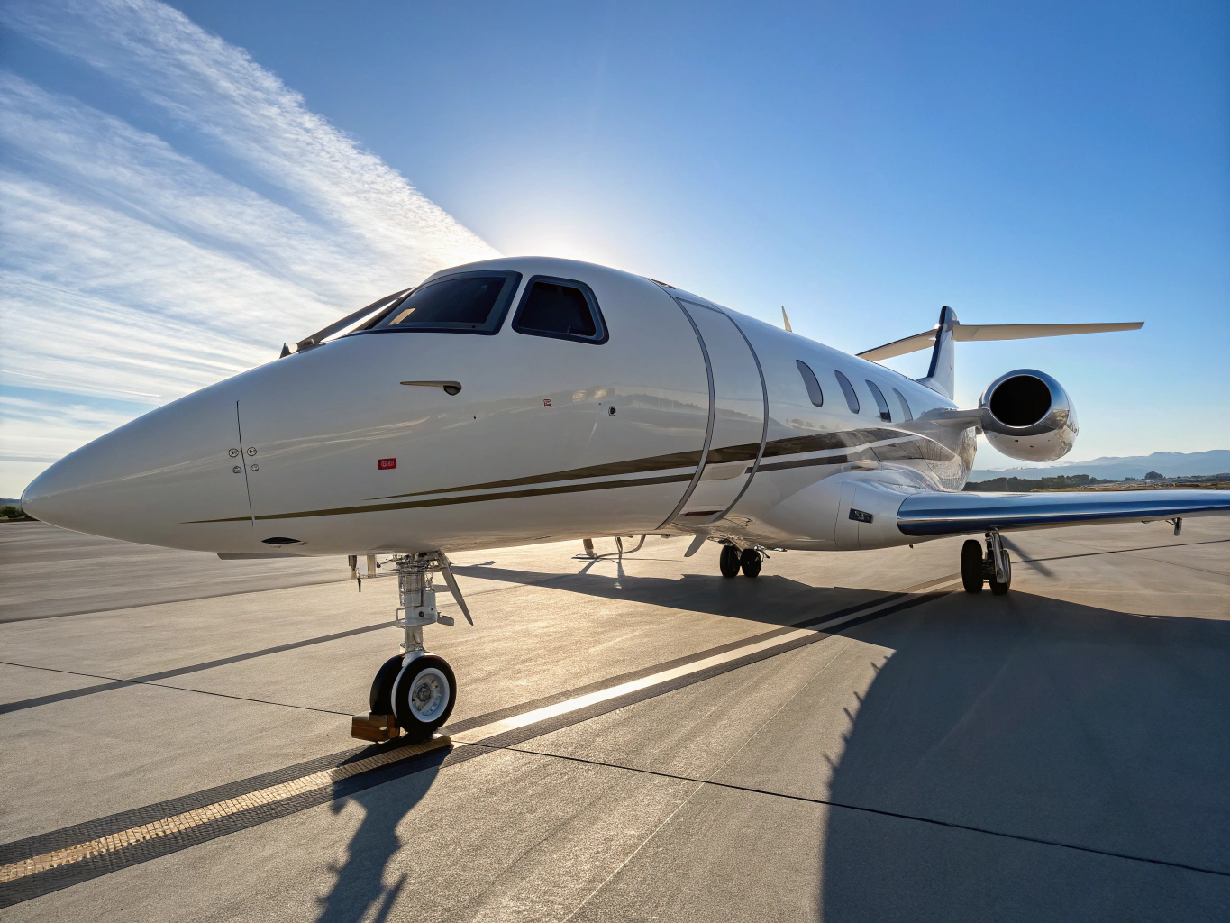 Private jet stationed on a pristine coastal runway under sunny skies