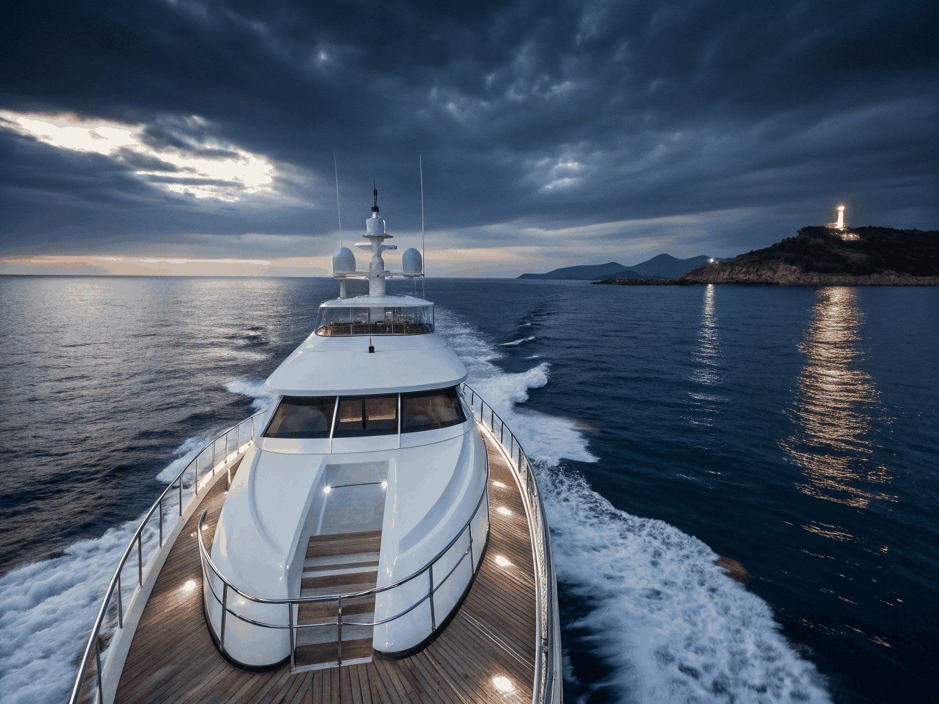 Luxury mega yacht cruising open waters at twilight