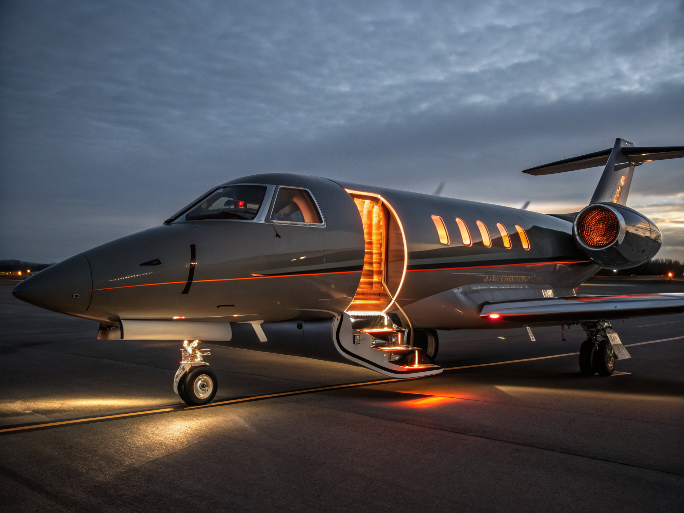 Private jet illuminated under runway tarmac lighting during a nocturnal departure